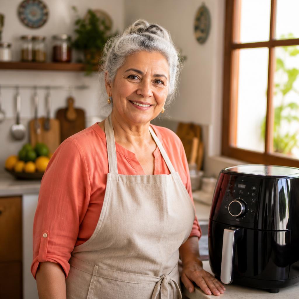 Dona Marlene, 62 anos, autora das receitas, ao lado da air fryer na cozinha de casa